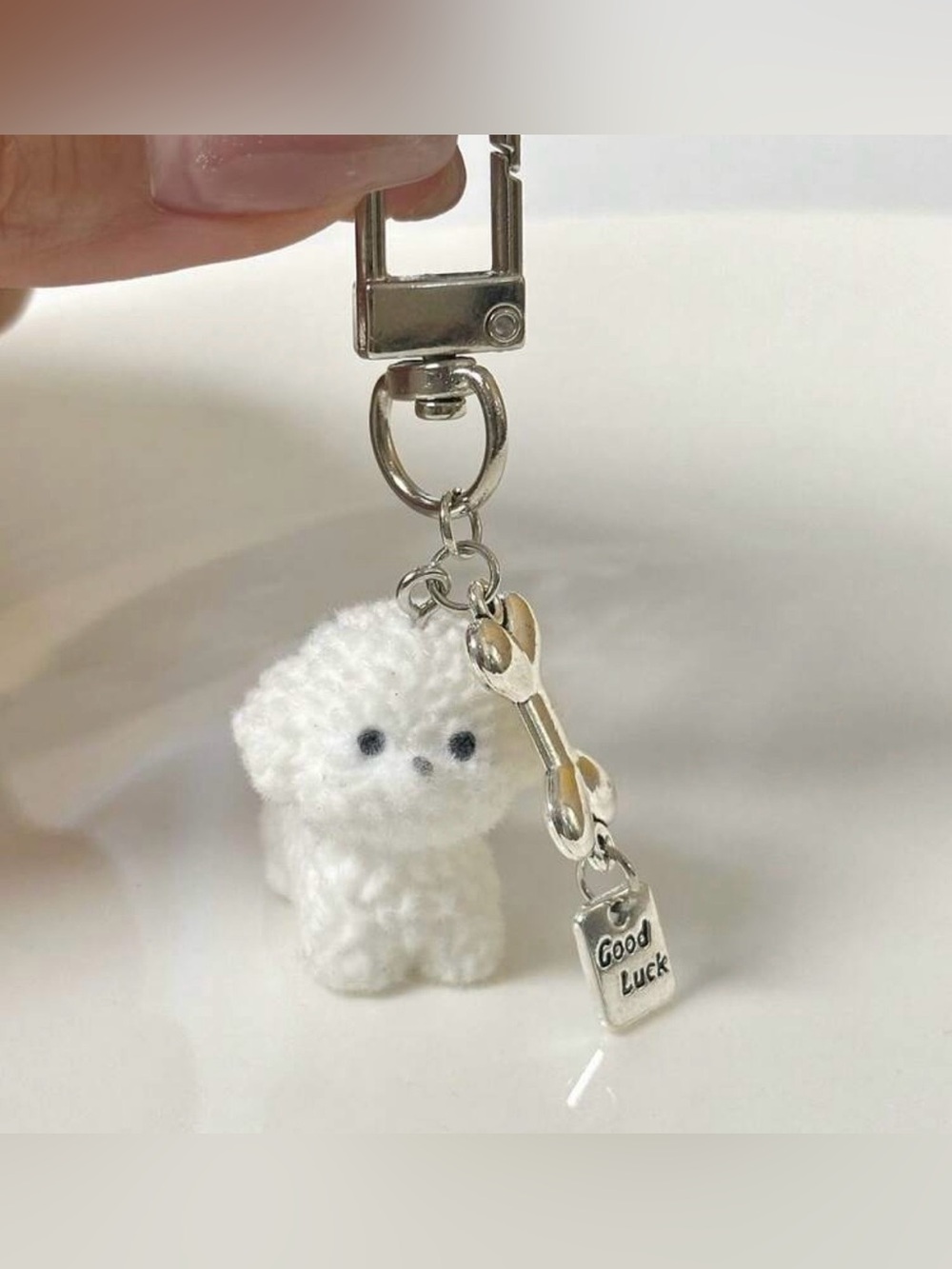 NIP White  Puppy Keychain with Silver 'Good Luck' Charm